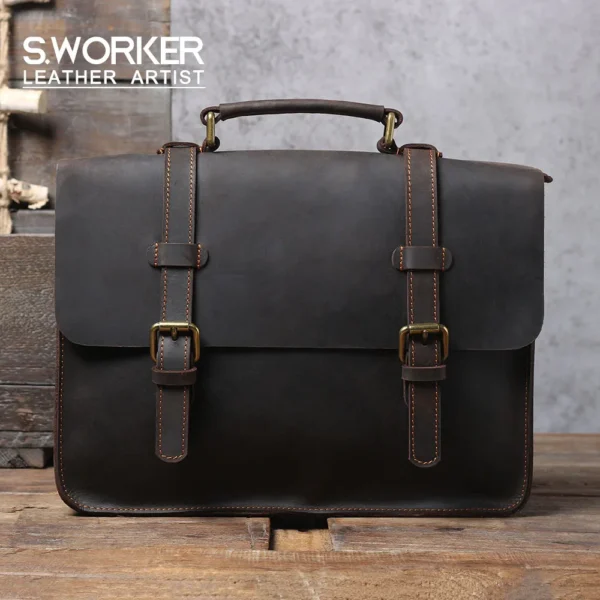 S.WORKE Vintage Genuine Leather Backpack Men's Shoulder Bag Handbag Crazy-horse Cowhide Leather School Tote Bag Women Retro