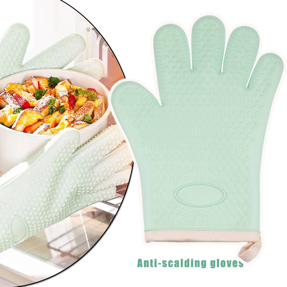 1PC Soft Silicone Oven Mitts Heat Resistant Oven Mitt and Pot Holders Sets Heart Non-Slip Oven Gloves with Fingers Mitts Baking