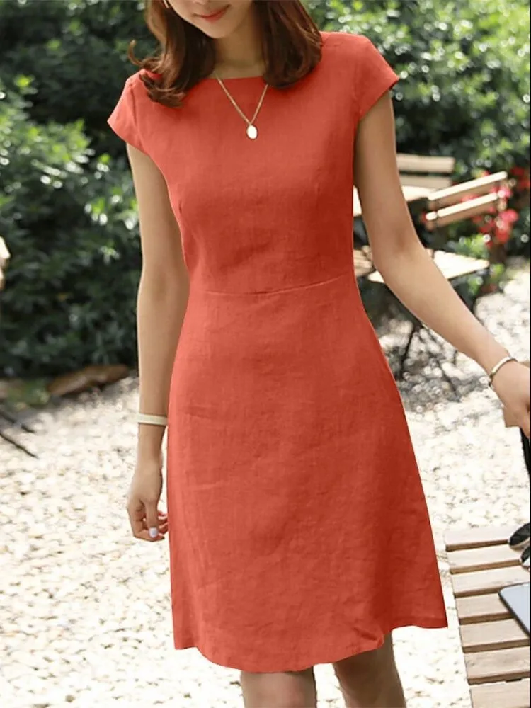 Summer Back Large V Hollow Round Neck Solid Color Short-sleeved Dress Fashionable Casual Comfortable Knee-length Dress Females