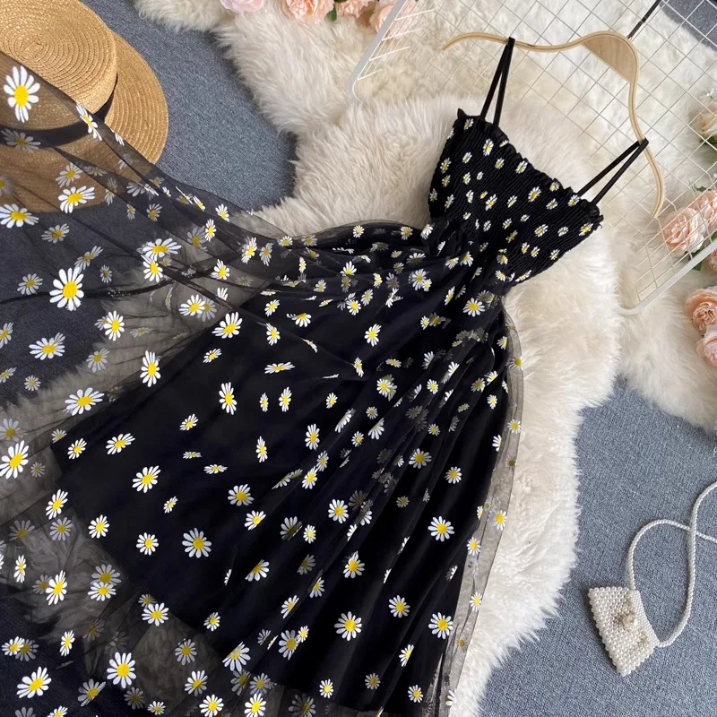Korean Floral Print Mesh Dress: Spaghetti Strap Party & Beach Vestidos 16 kf S03e708f4639543fabe87d3398da1e688g