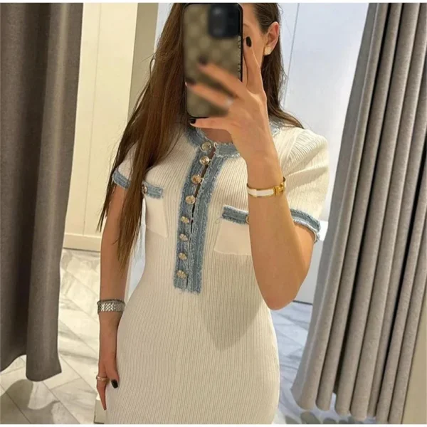 Elegant Contrasting Women Knit Maxi Dress Chic O-neck Short Sleeve Metal Buttons Bodycon Dresses Office Lady Commuting Robe - Image 3