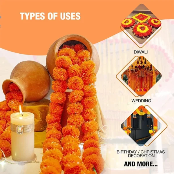 1.5m Marigold Flower Garland Plastic Artificial Flowers Indian Diwali Traditional Festival Wreath Day of The Dead Party Decor - Image 3