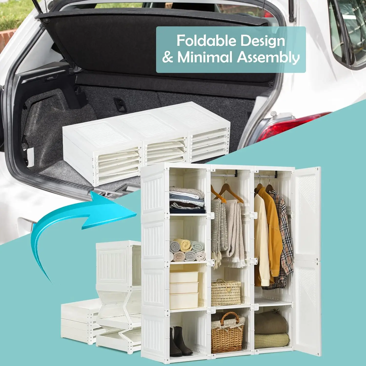 Portable Folding Closet Wardrobe: Cubby Storage, Hanging Rods, Magnet Doors 13 kf S0bf988ea98344b809f6bde987c6cea9cw