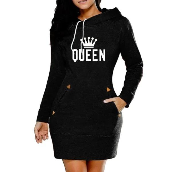 Queen Printing Womens Dress Irregular Collar Home Knee-Length Dress Autumn Casual Sports Hooded Skirt Daily Street Fashion Dress - Image 2
