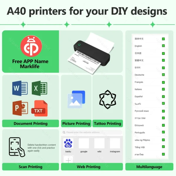 A4 ink-free Wireless Portable Printer Mobile Bluetooth Compatible with iOS Android Notebook Computers Maker For Photo PDF Print - Image 3