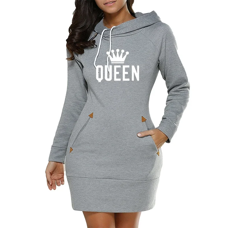Queen Printing Womens Dress Irregular Collar Home Knee-Length Dress Autumn Casual Sports Hooded Skirt Daily Street Fashion Dress