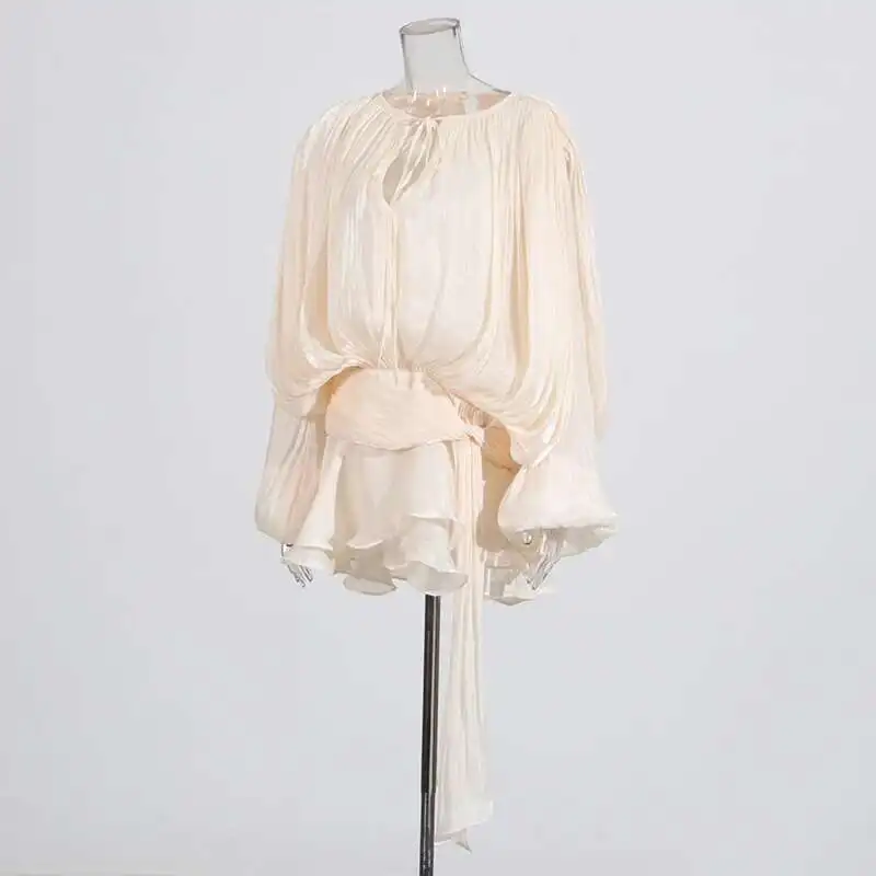 TWOTWINSTYLE Solid Mini Dress: V-Neck Long Sleeve Spliced Lace-Up Fashion 23 kf