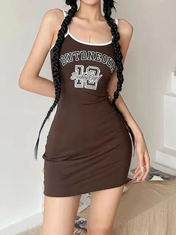 HELIAR Women Fashion Letter Print Sexy Bodycon Dress Spaghetti Strap O-neck Slim Fit Dress Streetwear Summer 2025 One piece - Image 5