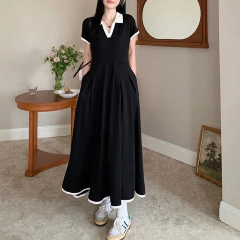 Plus Size Office Lady's Elegant Black Dress Short Sleeve Loose Pleated Midi Dress Casual Matching Dress Vintage Hepburn Dress