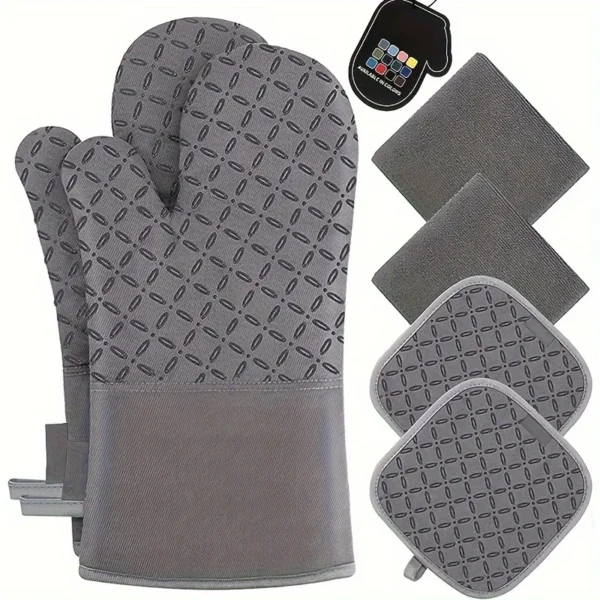 6PCS/SET Silicone Slip-Resistant Heat-Resistant Oven Mitts Thickened Checkered Kitchen Baking Gloves Indoor Use Burn-Proof