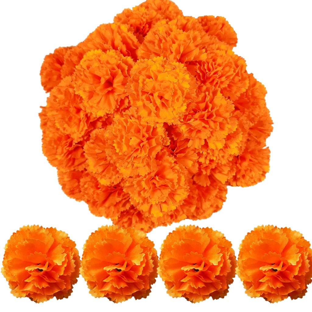 I5Opcs Marigold Flower Heads Bulk for Indian Pooja Bush Floral for Diwali Home Decor DIY Wreath Garland Craft