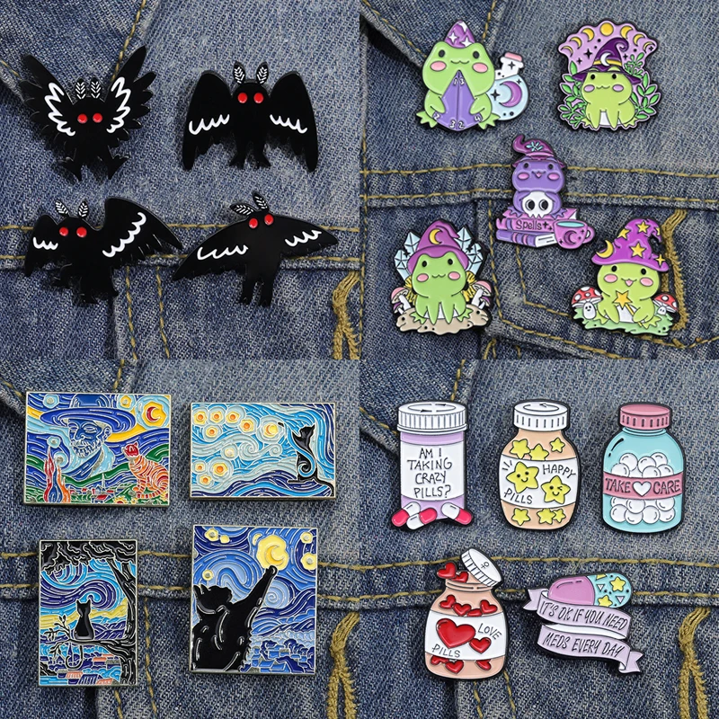 4-6Pcs/Set Punk Witch Ghost Skull Enamel Pin Cartoon Frog Black Bird Animal Medicine Bottle Brooch Clothes Lapel Badge Jewelry