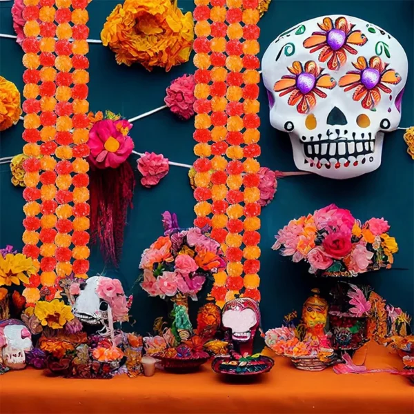 1.5m Marigold Flower Garland Plastic Artificial Flowers Indian Diwali Traditional Festival Wreath Day of The Dead Party Decor - Image 2