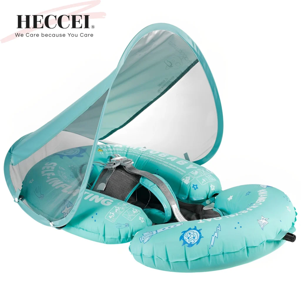 HECCEI Mambobaby Self-Inflating Baby Swim Float with Canopy Newest Compressible Folding Pool Float Soft Waterproof Swim Trainer