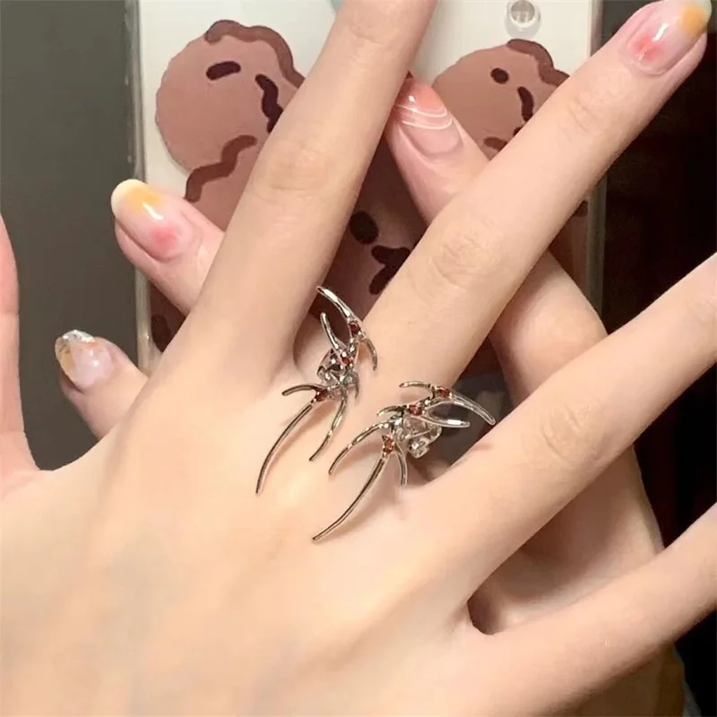 Rock Spider Ring Red Zircon Crystal Liquid Metal Silver Color Open Ring For Women Rock Party Jewelry Hip Hop Accessories
