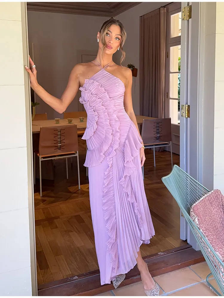 Pleated Halter Neck Maxi Dress: Purple Strapless Lotus Edge Vacation Gown 18 kf S2b8def0b5fa9411494fc3f802645bfc1F