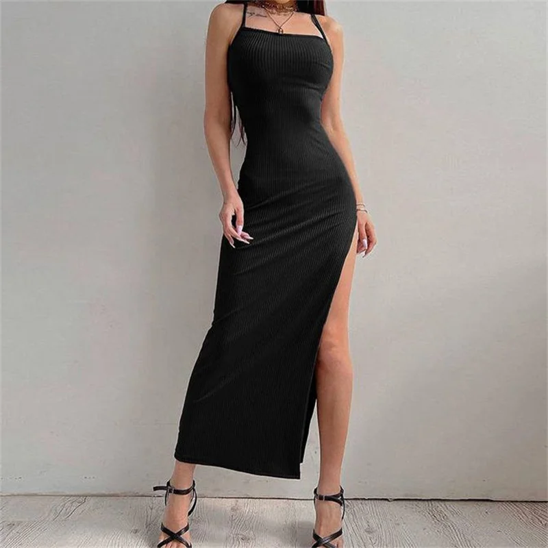 Sexy Black Long Bodycon Dress: Sleeveless Backless Halter Neck High Split 14 kf S2b9a085a14234c689e381b4fc7e965f2S