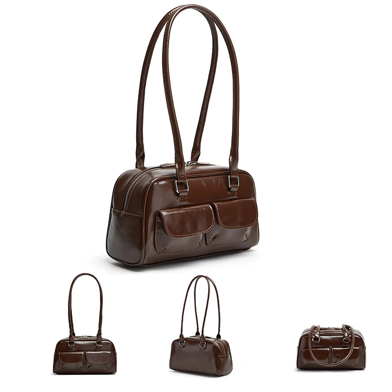 Oil Wax Leather Bowling Bag: Multi-Pocket Armpit Commuting Handbag 7 kf S2bb1350d9668460eb38a18e0669a6aa97