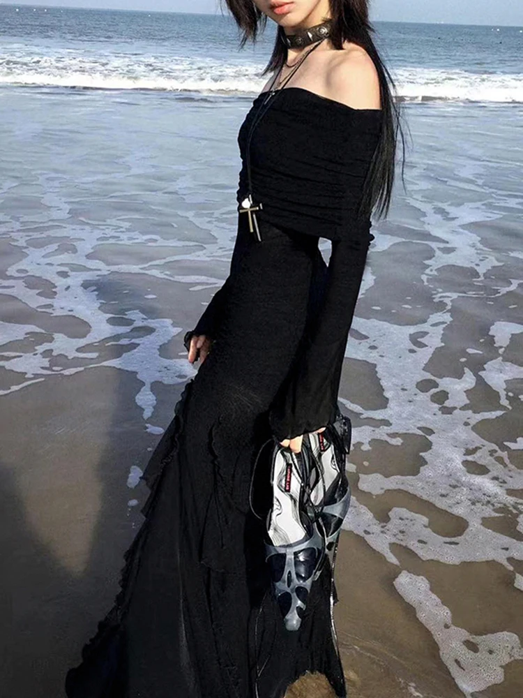 IAMSURE Dark Ruffles Split Maxi Dress: Gothic Slash Neck Long Sleeve Holiday 23 kf S2c4a565eb3764c14befbbfb871c7bd91B