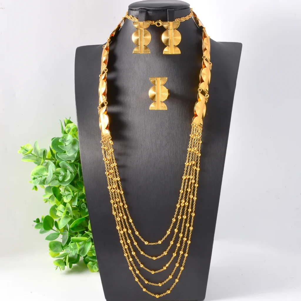 Dubai Cultural Jewelry Set 18K Gold Color Long Necklace Tassel Earrings for Indian Brides