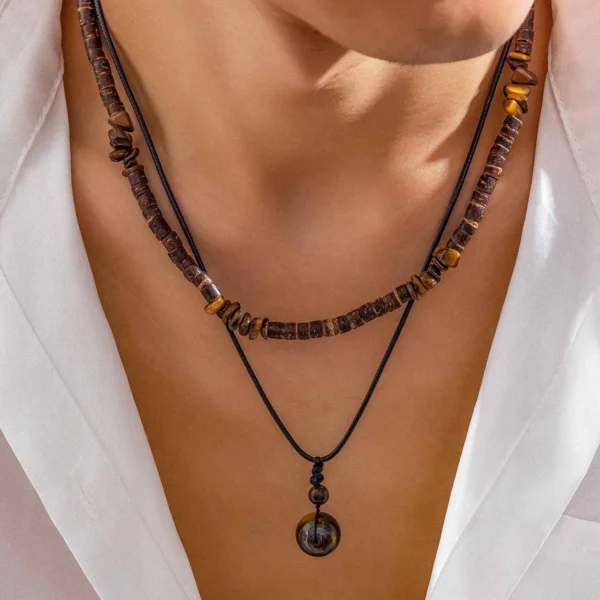 2Pcs/Set Bohemian Round Natural Stone Pendant Necklace for Men Vintage Ethnic Wood Bead Chokers Male Fashion Jewelry Accessories - Image 3