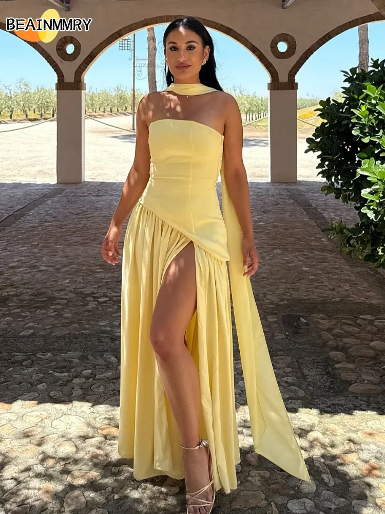 Elegant Off-shoulder Strapless Yellow Long Dresses 2025 Summer Party Dress Women Pleat Scarf Neck Holiday Evening Lady Vestidos