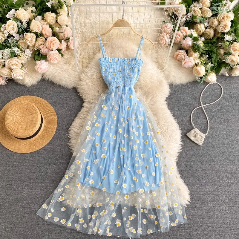 Korean Floral Print Mesh Dress: Spaghetti Strap Party & Beach Vestidos 8 kf S38b1e9e212864d869a6c9f7d5e5c6863b