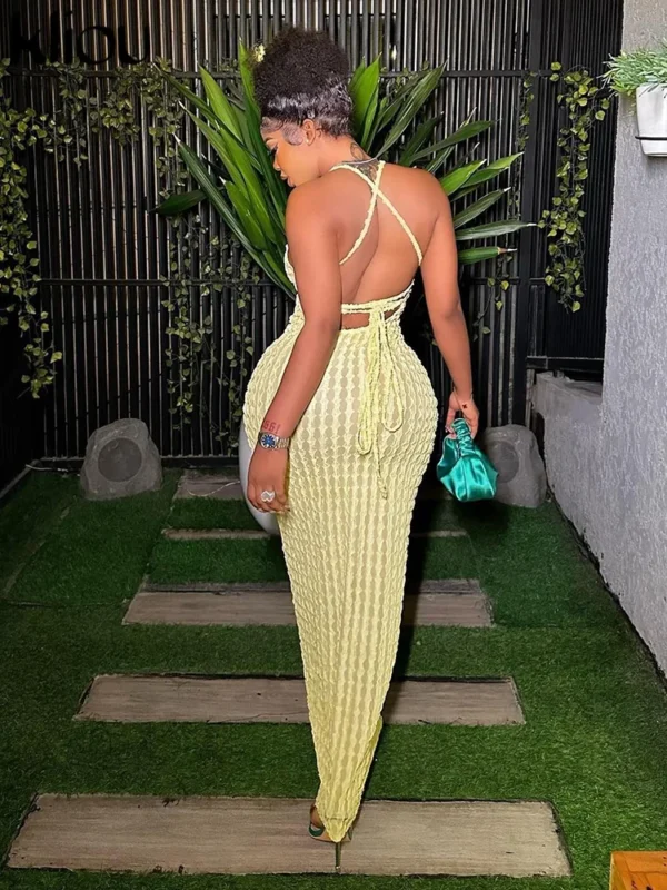 Kliou Solid Ruched Spaghetti Strap Bandage Maxi Dress Women Casual Sleeveless Backless Bodycon Ladies Party Streetwear Dresses - Image 2