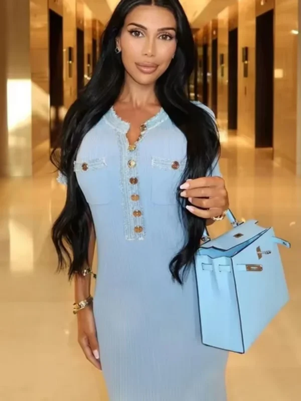 Elegant Contrasting Women Knit Maxi Dress Chic O-neck Short Sleeve Metal Buttons Bodycon Dresses Office Lady Commuting Robe - Image 6