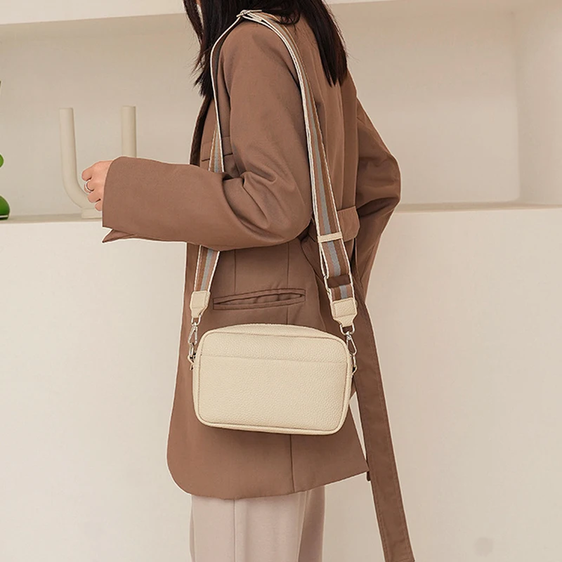 Solid Color Multi-Layer Sling Bag: PU Leather Wide Strap Crossbody 12 kf S3c89cf9d2a49485a993789f56c019542Y