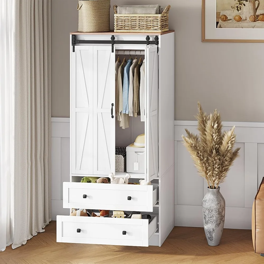 Farmhouse Armoire with 2 Folding Barn Doors and Drawers Tall Wooden Bedroom Wardrobe Closet with Spacious Storage Cabinet