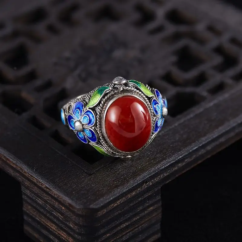 Retro Filigree Inlaid Red Ring Burnt Blue Palace Punk Gothic Open Ring For Women Handmade Unisex Designer Jewelry Accessories