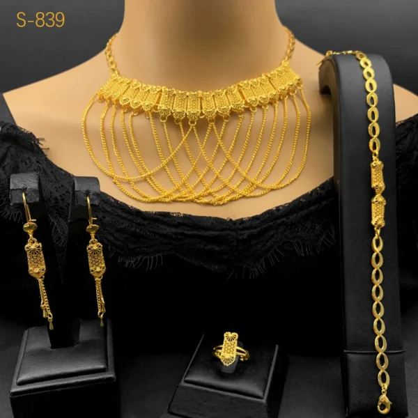 Luxury Indian Dubai 24K Gold Color Jewelry Set For Women Bridal Nigerian Tassel Necklace Bracelet Earring Ring Sets Party Gift - Image 2