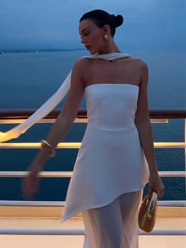 White Mesh Scarf Neck Strapless Long Dress Fashion Off Shoulder Sleeveless High Waist Slim Split Robe Lady Party Beach Gown 2025 - Image 5