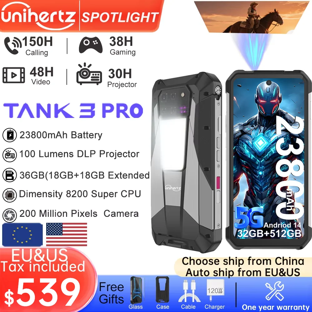 Unihertz Tank 3 Pro 8849 Rugged 5G Smartphone Android with 100 Lumens Projector 32GB 512GB 23800mAh 6.79" FHD Waterproof Phone