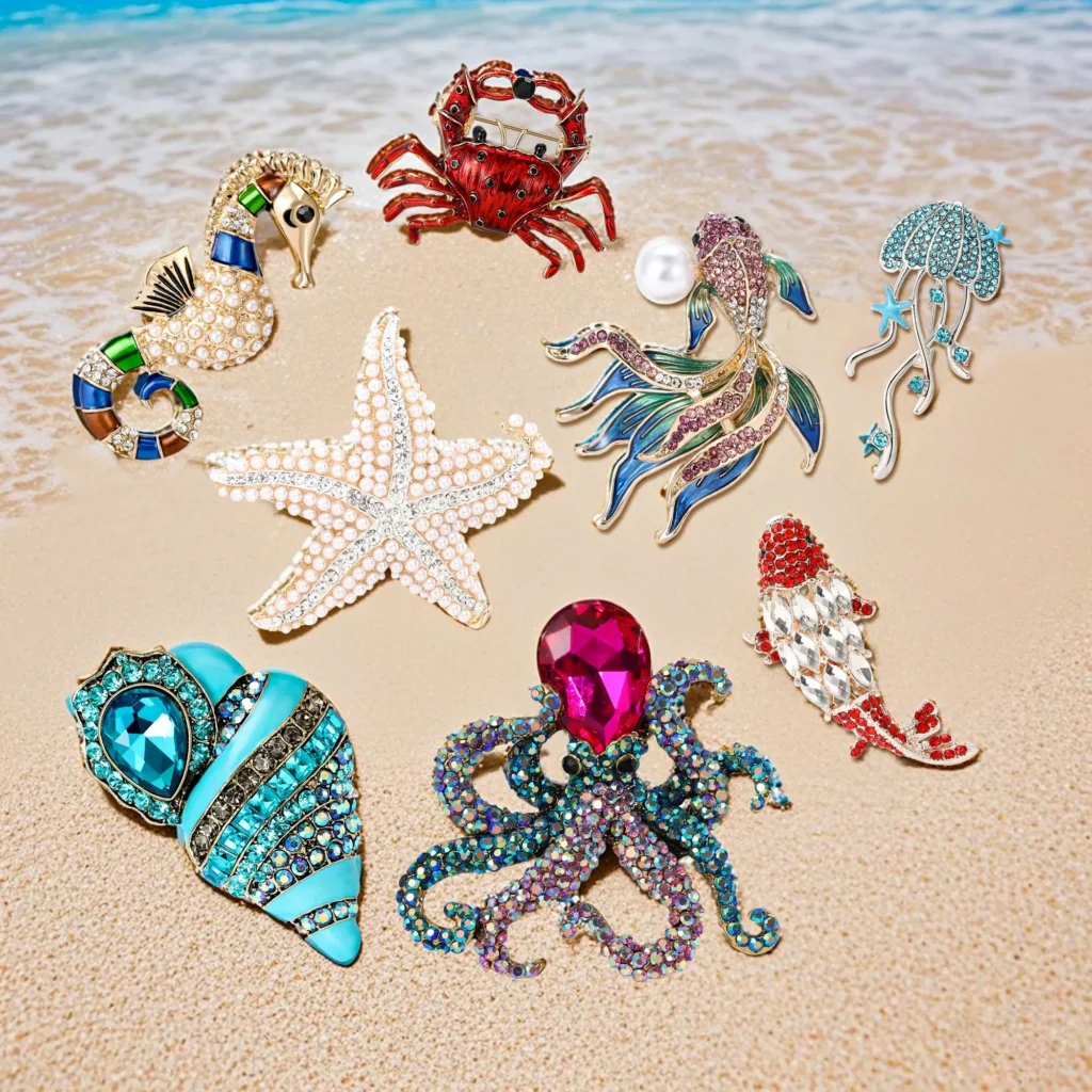 Rhinestone Goldfish Brooches for Women Pearl Aquatic Life Seahorse Crab Conch Pins Office Party Friend Gifts Jewelry Accessories