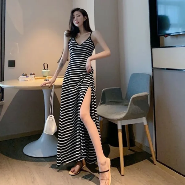 Black Sexy Dress Female High Waist Side Vent Maxi Dress Casual Sleeveless Backless V-Neck Retro Long Dress Sling - Image 3