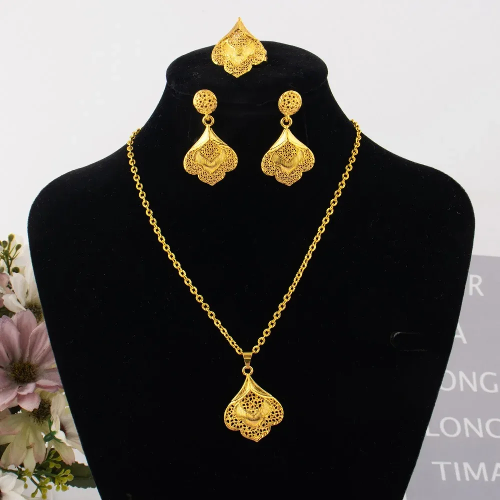 Dubai 24k Gold Plated Jewelry Sets for Women Indian Bridal Costume Necklace Earrings Sets Nigerian Wedding Party Gifts
