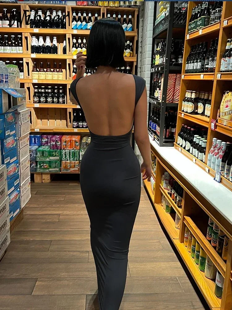Nibber Solid Backless Maxi Dress: Elegant Slim Short Sleeve Bodycon Streetwear 10 kf S5019176ac1214dc2815e262f1618ea31R