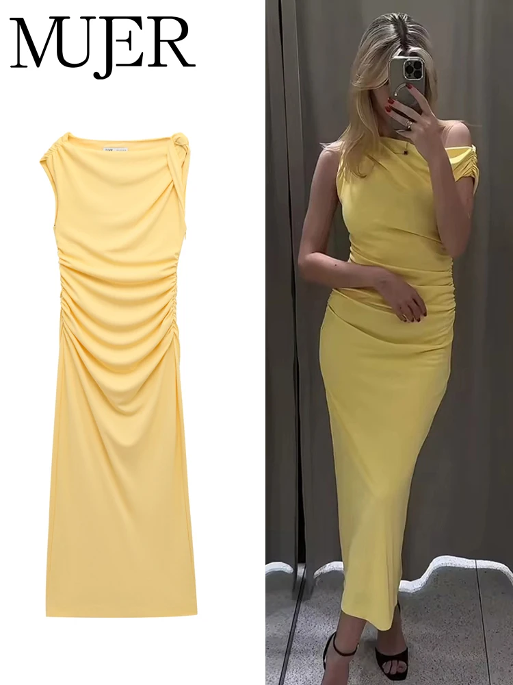 MUJER Yellow Draped Long Dresses for Women Asymmetric Summer Dress Woman 2025 Sleeveless Party Women Dresses Pleated Beach Dress