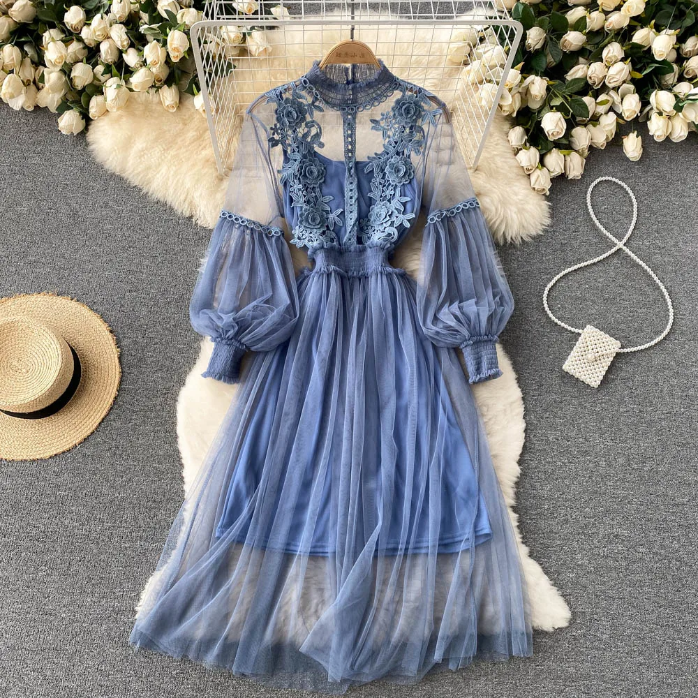 3D Flower Mesh Dress: Stand Collar Lantern Sleeve High Waist Slim Fit 14 kf S5651e59ce61448b9a68e7c52fd460128b