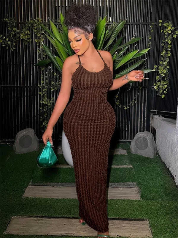 Kliou Solid Ruched Spaghetti Strap Bandage Maxi Dress Women Casual Sleeveless Backless Bodycon Ladies Party Streetwear Dresses - Image 6