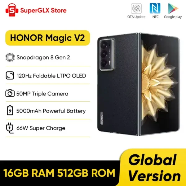 Global Version Honor Magic V2 5G Foldable LTPO OLED 120Hz Display 7.92" 50MP Rear Cameras Snapdragon 8 Gen 2 5000mAh 66W NFC