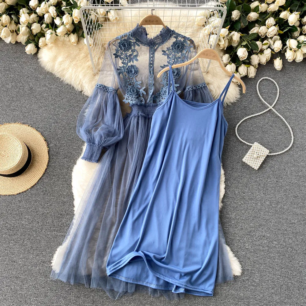 3D Flower Mesh Dress: Stand Collar Lantern Sleeve High Waist Slim Fit 7 kf S5ce77c75982643ae95836b41614d56af9