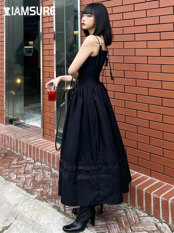 IAMSURE Casual Solid Lace Trim A-Line Long Dress Slim Slash Neck Sleeveless Maxi Dresses For Women 2023 Summer Fashion Ladies - Image 2
