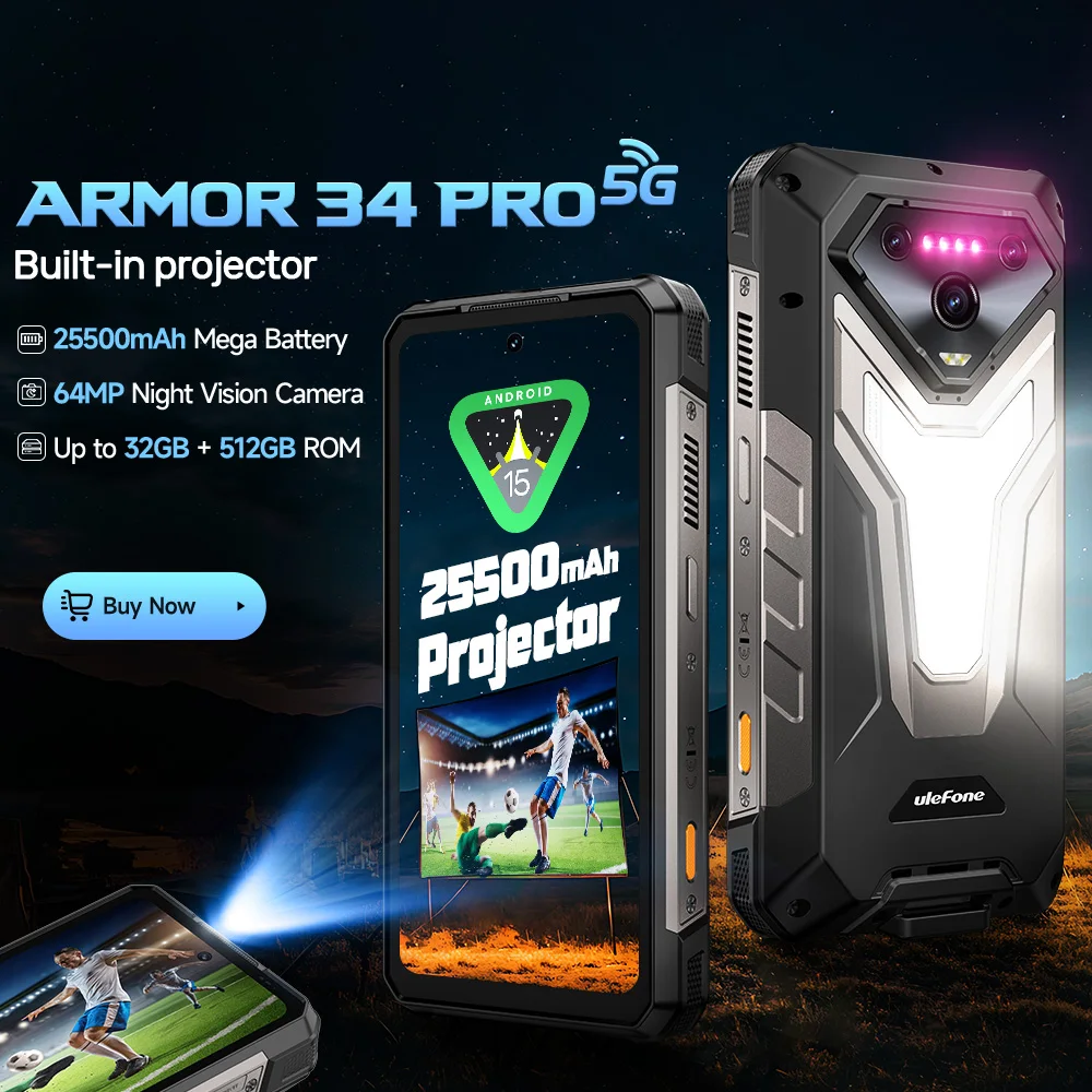 【World Premiere】Ulefone Armor 34 Pro 5G AI Rugged Phone 25500mAh Up to 32GB+512GB Built-in Projector 120Hz 6.95" NFC Smartphone