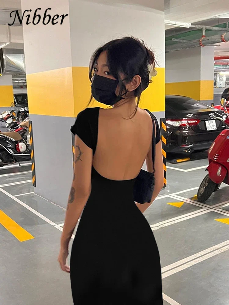 Nibber Solid Backless Maxi Dress: Elegant Slim Short Sleeve Bodycon Streetwear 18 kf S6374d9ba84dd4cc2af3f4414ae5b3835G