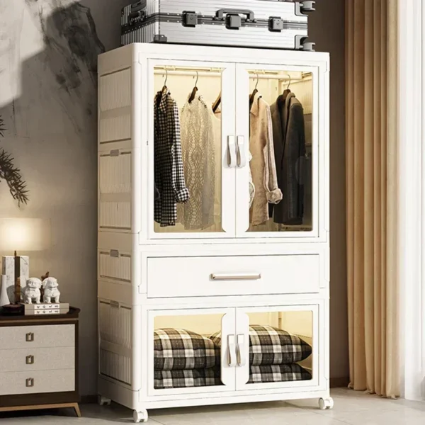 -Folding Wardrobe Transparent Plastic Storage Cabinet With Pulleys For Household Storage Box Of Groceries Organizer Drawer Bins
