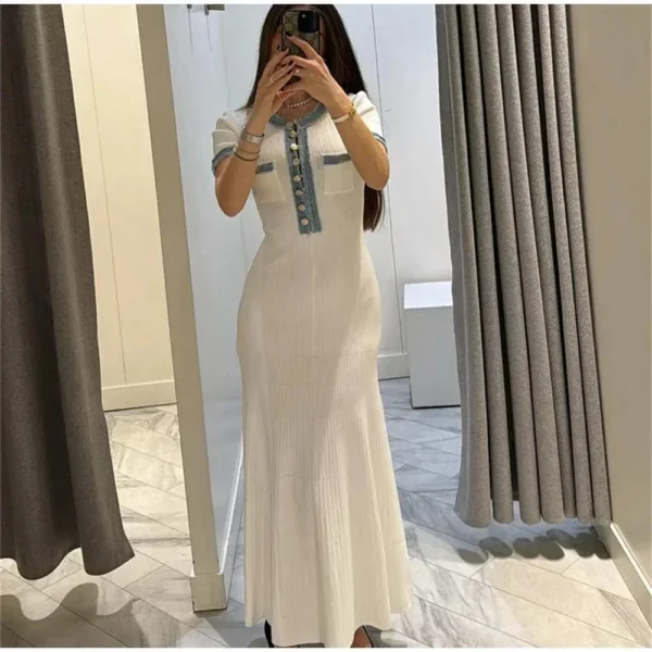 Elegant Contrasting Women Knit Maxi Dress Chic O-neck Short Sleeve Metal Buttons Bodycon Dresses Office Lady Commuting Robe - Image 4