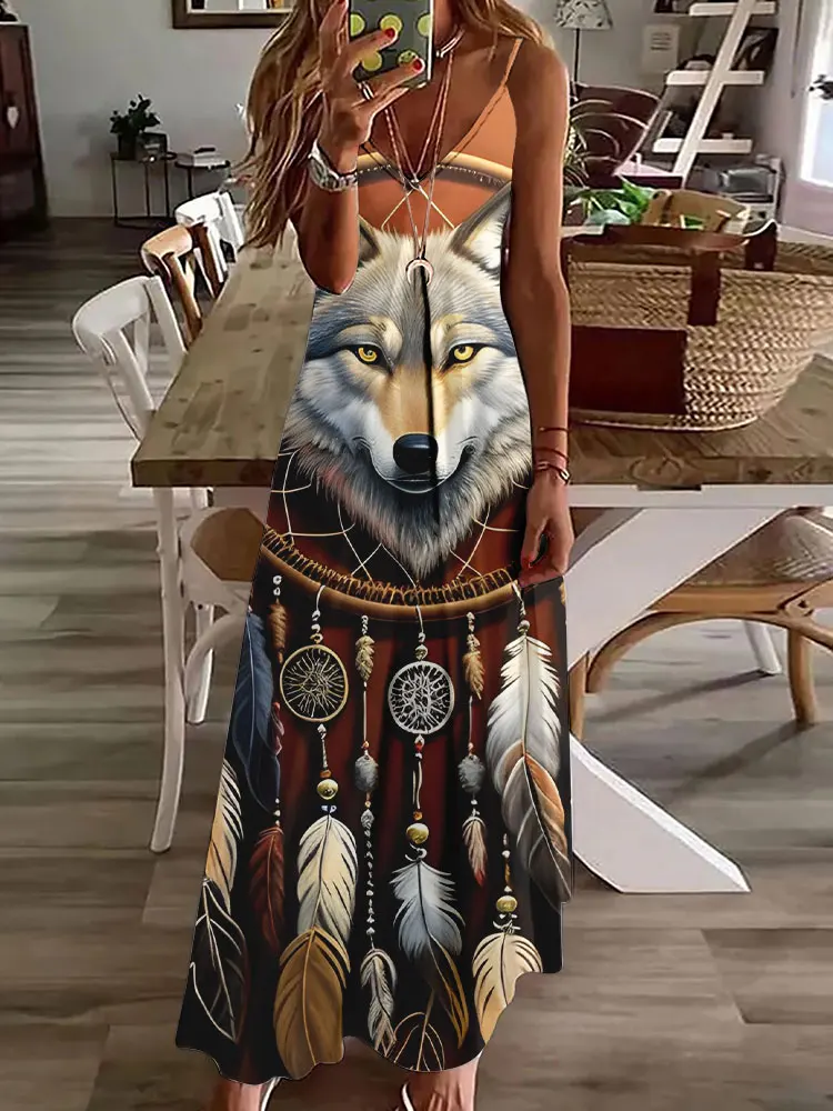 3D Owl Vintage Print Long Dress: Sleeveless Tribal Pattern Spaghetti Strap 13 kf S661320b702984b60960fdc9a327fe1f55